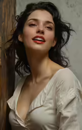 a woman with black hair wearing a beige top