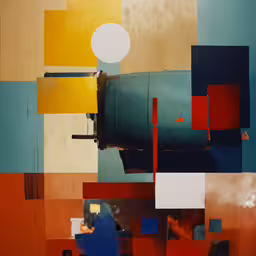 an artistic photograph of a plane engine,a painting that is all different colored shapes and colors