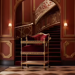 a red chair in the middle of a room with steps leading up to the ceiling
