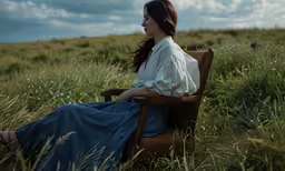 the woman is sitting in a chair on the grass