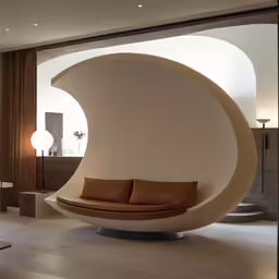 large round shaped couch in a spacious white living room