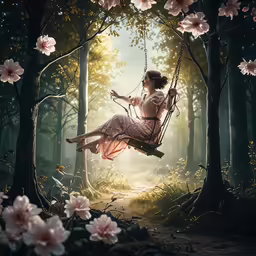 a beautiful woman sitting on a swing with flowers around