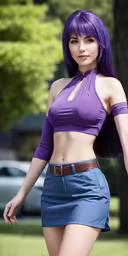 a girl wearing blue and purple hair standing in the grass