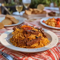 a white plate with food and wine on the table
