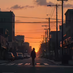 a man walking in the middle of the street as the sun sets