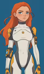 a red - headed woman dressed in armor and protective gear