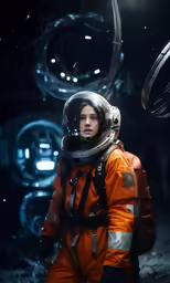 a female astronaut standing in front of space objects
