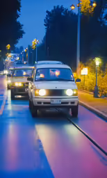 several cars are driving down the road with headlights on
