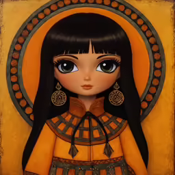 a painting of a pretty young lady in an orange dress