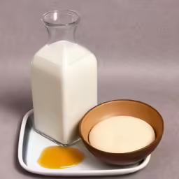 a milk bottle and bowl of eggs on a plate