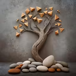 a rock pile next to a tree with paper airplanes hanging from it