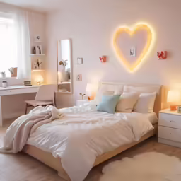 a bed with white sheets on it in a room with some lights