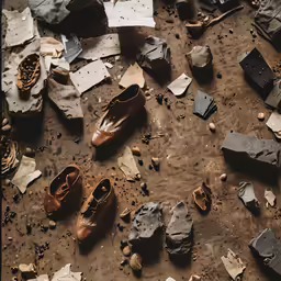 a pair of brown shoes sitting on top of a floor covered in broken tiles