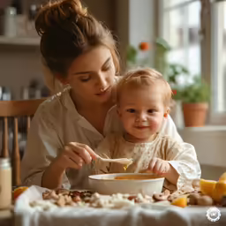 a woman feeds a baby in a bowl