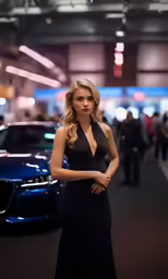 the model is standing by her cars