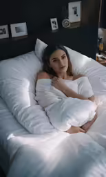 a woman laying in a white comforter on a bed