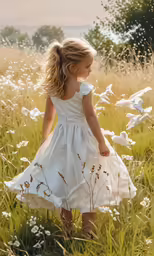 little girl dressed in white stands near flowers