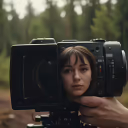 a woman being filmed in the woods