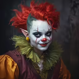 an adult male clown dressed in red and green hair