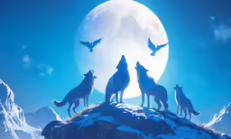 a group of three howling wolfs against the moonlight with a full moon in the background
