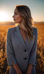a woman in a suit stands in the middle of a field
