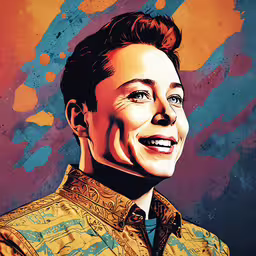 a painting of a smiling man in yellow shirt,the painting is of the same man with a mustache