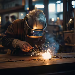 a man welding in a shop with a helmet and goggles