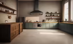a modern style kitchen with grey tiles on the walls