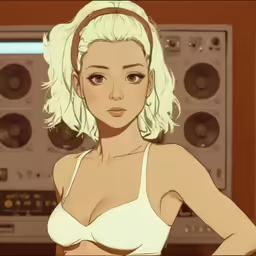 a woman with long hair and glasses next to a sound equipment