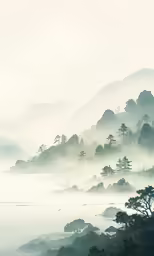 fog hangs over mountains with trees and water below