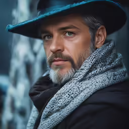 a man wearing a black coat, scarf, and a fedora looking to his left