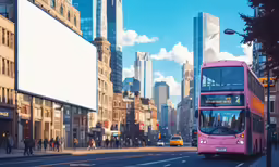 a pink double decker bus riding down the street