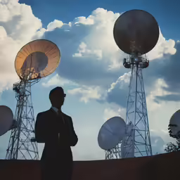 two men standing in front of many cellphones