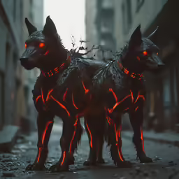 some dark dogs standing on a street