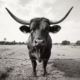 a close - up of the head of an ox near a barbed wire fence