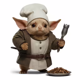 a cat dressed as a chef with a spoon and a plate full of food