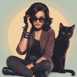 a woman with sunglasses and a black cat