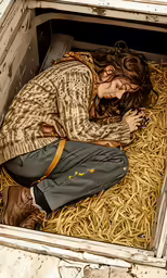 a woman sitting in a container with hay