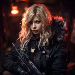 an image of a woman holding guns with her hands,a woman dressed as a police girl with a gun