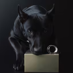 a black dog is leaning against a gold box