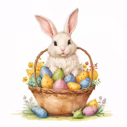 a watercolor drawing of a bunny in a basket with eggs