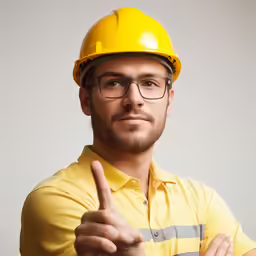 a man wearing a hardhat giving the peace sign