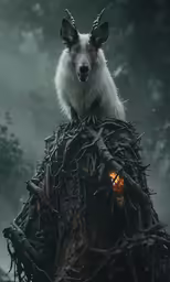 a furry dog sits atop a tree stump in the middle of a forest