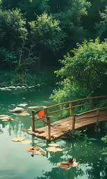 a wooden bridge across a lake covered with water lillies