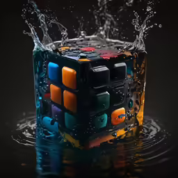 an artistic water splashed image of an cube floating in water