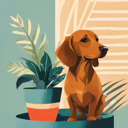a dog sitting on top of a potted plant