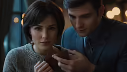 two people are looking at something inside of the case