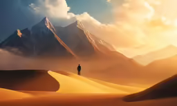 man standing alone among a beautiful desert and mountains