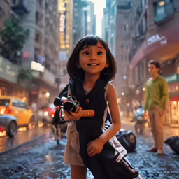 there is a little girl on the street holding a camera