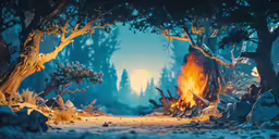 an animated scene of a night in the woods